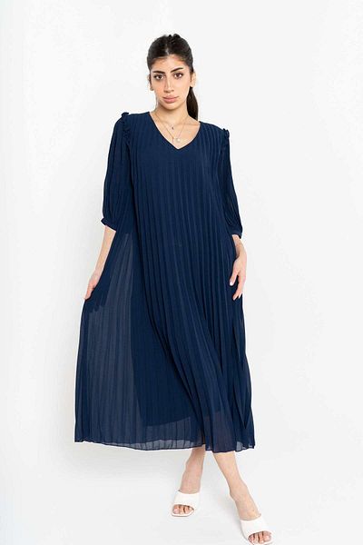 Nichii Women's Midi Dress with 3/4 Pleated Sleeves