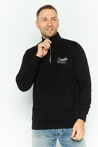 CROOKS CASTLES Men Half Zipper Embroidered Logo Long Sleeve Sweatshirt, Black