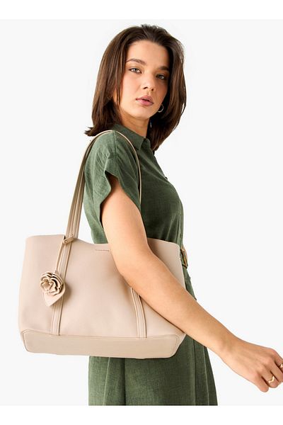 Flora Bella by Shoexpress Flora Bella Solid Tote Bag with Double Handles and Floral Charm