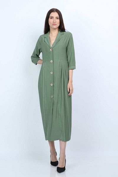 Nichii Short Sleeve Buttoned Pleated Midi Polyester Dress