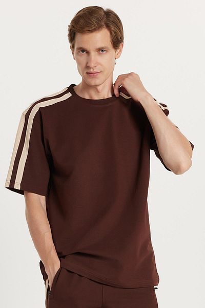 Tudors Men's Standard Fit Regular Fit Cotton Crew Neck Striped Brown Tracksuit Set