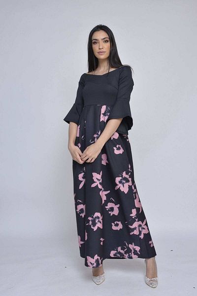 Nichii Floral Off-Shoulder Maxi Dress with Solid Bodice and 3/4 Sleeves