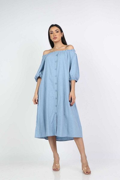 Nichii Off-Shoulder Midi Dress with Front Buttons and Short Sleeves