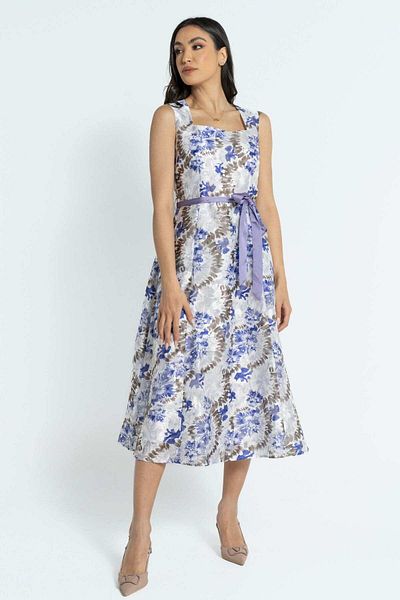 Nichii Sleeveless Floral Midi Dress with Waist Tie