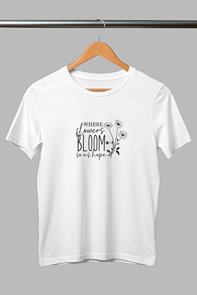 giftkonsept تي شيرت أبيض للجنسين من القطن مطبوع عليه Where Flowers Bloom So A...
