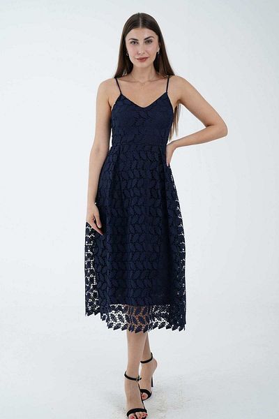 Nichii Sleeveless Midi Dress with Thin Straps and Embroidery