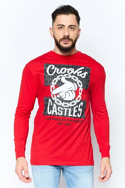 CROOKS CASTLES Men Crew Neck Long Sleeve Graphic Print T Shirt, Red