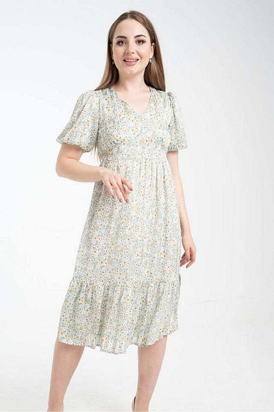Nichii Short Puff Sleeve Midi Dress with a Seven Neckline