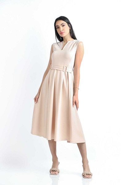 Nichii Women's Solid Midi Dress with Waist Belt, No Sleeves