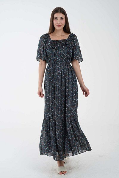 Nichii Women's Maxi Dress with Waist Belt and Short Open Sleeves