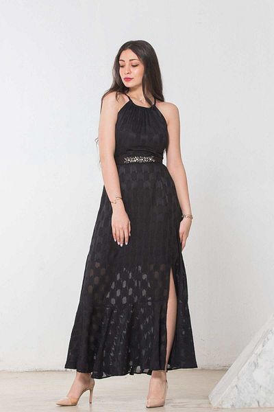 Nichii Long Open-Thigh Dress with Belt and Straps