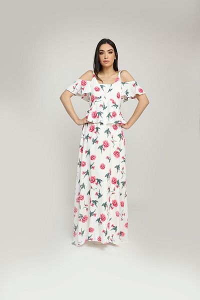 Nichii Long Floral Print Dress with Off-Shoulder and Short Sleeves