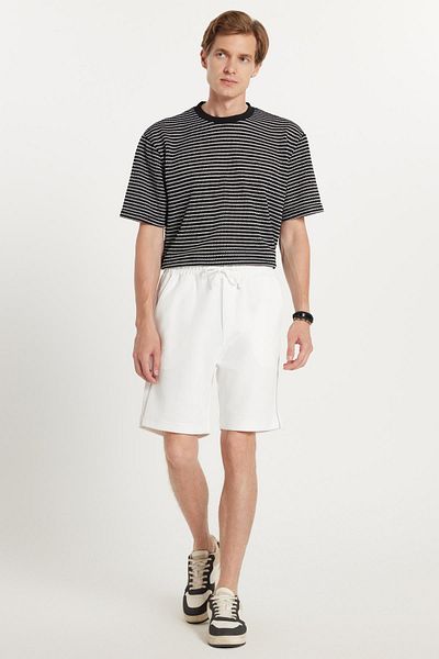 Tudors Men's Regular Fit Classic Cut Waist Lace-Up 3 Pocket Striped White Shorts