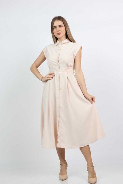 Nichii Women’s Sleeveless Midi Dress with Collar and Front Buttons