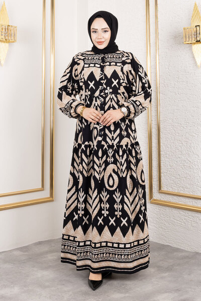 Tesettür Dünyası Μακρύ μαντίλι φόρεμα από βισκόζη με μισό κουμπί και πατιλέτα TSD250206 Μαύρο