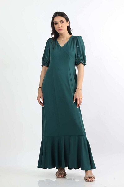 Nichii Solid Long Dress with Ruffles and Short Sleeves, Embellished with Bord
