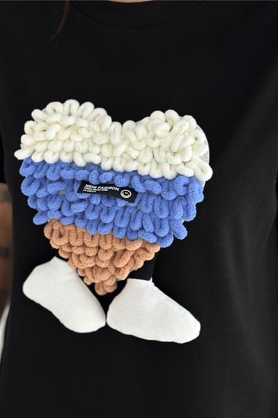 FEMELLE Tricou negru de damă, 100% bumbac, cu detalii accesorii