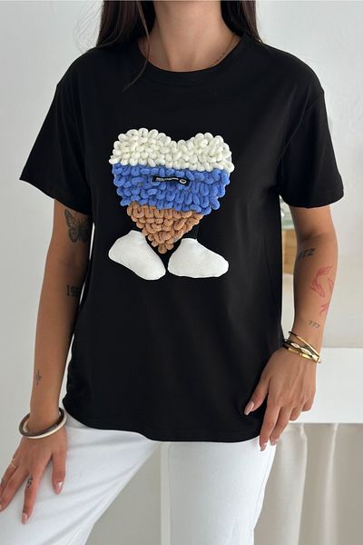 FEMELLE Tricou negru de damă, 100% bumbac, cu detalii accesorii