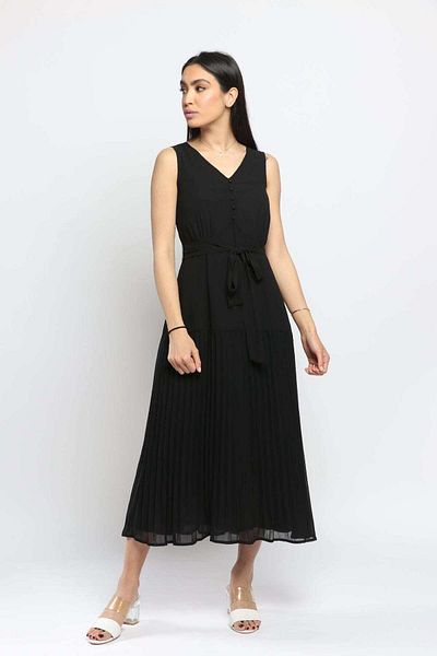 Nichii V-Neck Button-Up Sheer Midi Dress with Belt