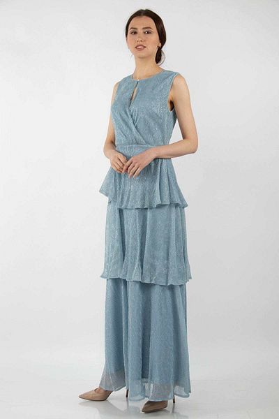 Nichii Shiny Maxi Dress with Ruffled Layers and Sleeveless Neckline