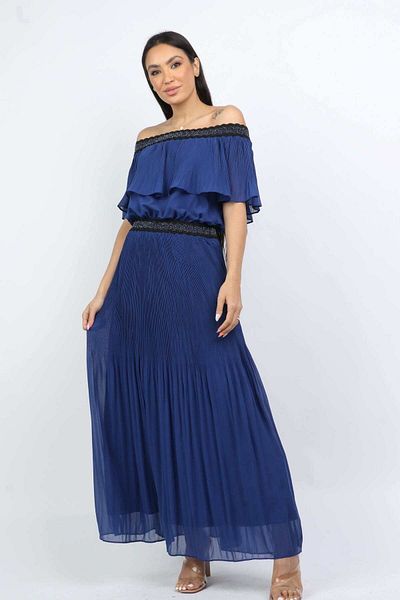 Nichii Off-Shoulder Pleated Maxi Evening Dress with Short Sleeves