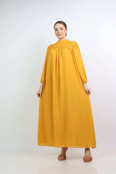 Nichii Soft Long Flowy Dress with Ruffles at the Chest and Long Sleeves -
