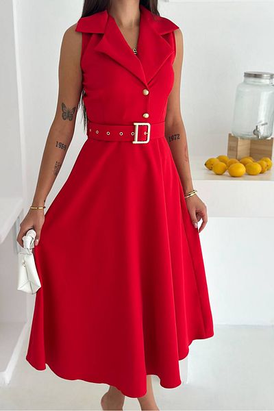 Neşeli Butik Women Shirt Collar Belt Midi Length Dress Nbk062