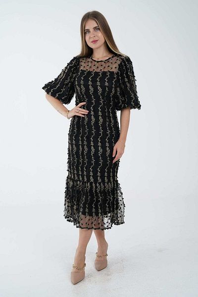 Nichii Embroidered Sheer Midi Dress with Floral Print and Lining