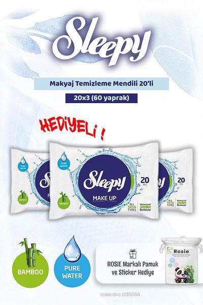 Sleepy 3Pcs Makeup Remover Wipes 20Pcs and Rosie Cotton