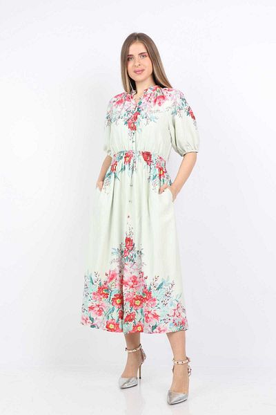 Nichii Short Sleeve Floral Print Midi Dress with Elastic Waist