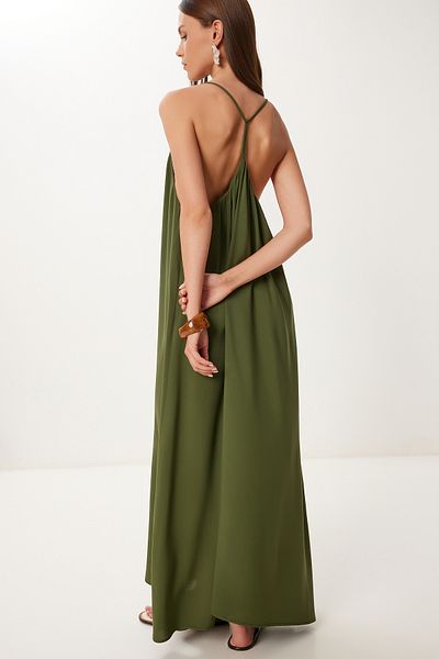 Lovelyİstanbul Καλοκαιρινό μακρύ φόρεμα βισκόζης Halter Neck HFG0003 KHAKI 40