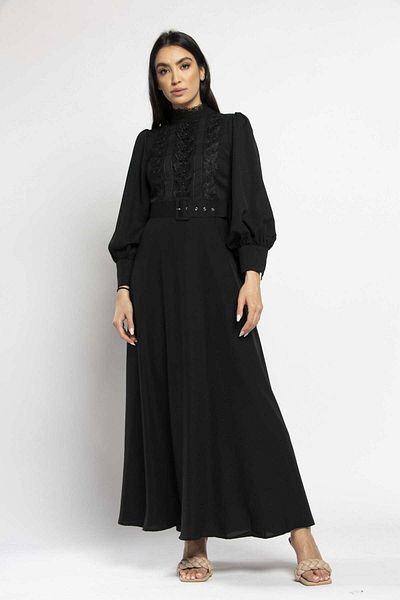 Nichii Long Dress with Long Sleeves and Ruffles on the Chest