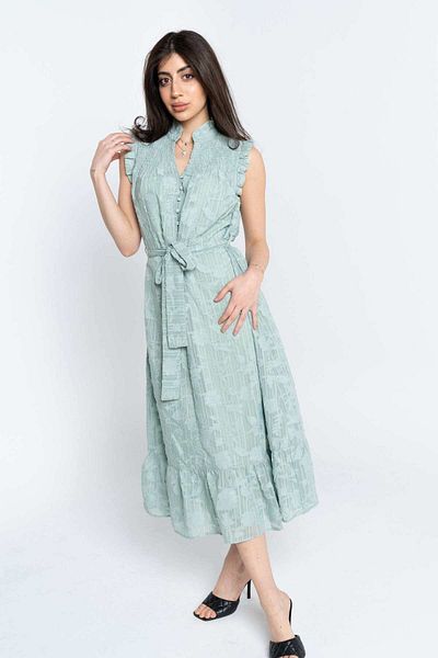 Nichii Women's Button-Front Ruffled Midi Dress with Waist Belt