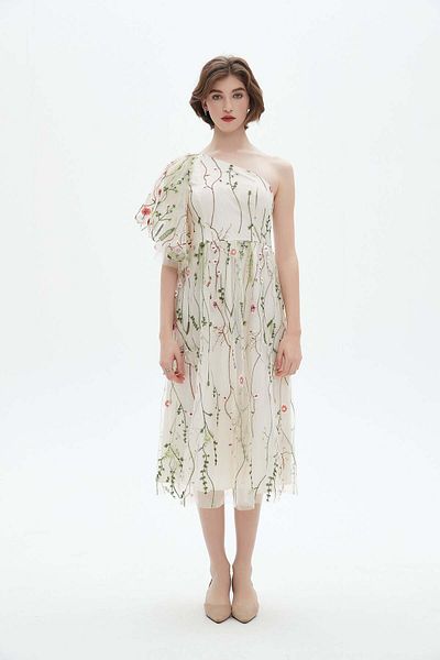 Nichii One-Shoulder Midi Dress with Floral Chiffon Details