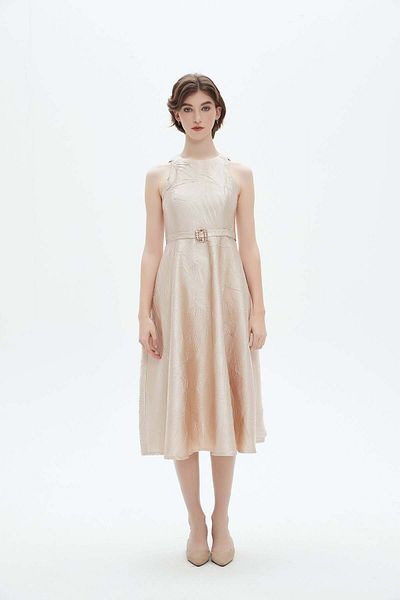 Nichii Women's Midi Dress with Round Neck and Flared Fit