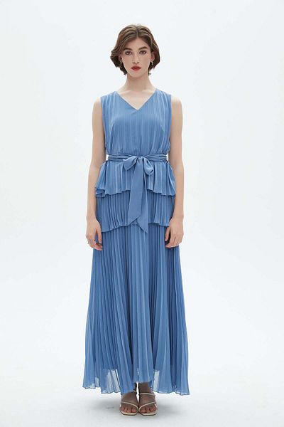 Nichii Sleeveless Pleated Maxi Dress with Waist Belt and V-Neck
