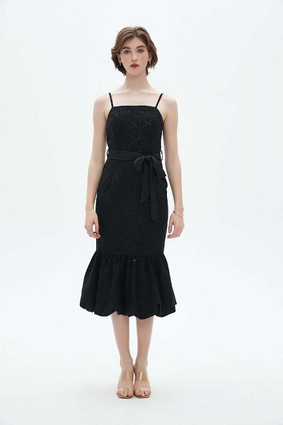 Nichii Ruffled Hem Midi Dress with Waist Belt