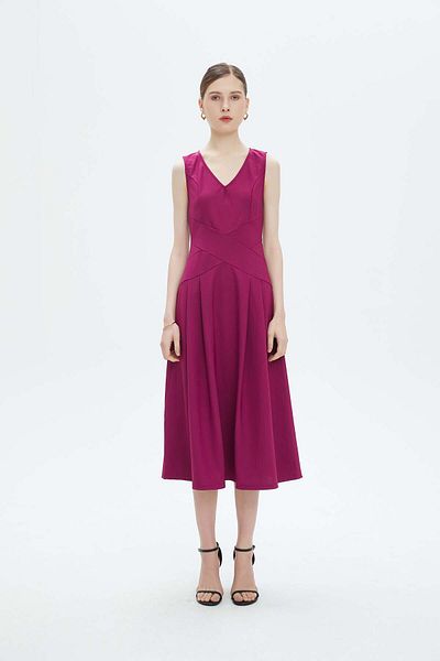 Nichii Women's Plain Midi Dress with V-Neck and No Sleeves