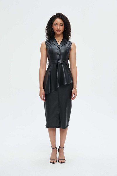 Nichii Women's Midi Leather Dress with Front Buttons and Waist Belt