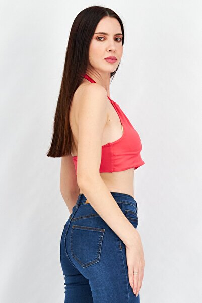 Sinsay Women Halter Neck Sleeveless Open Back Crop Top, Hot Pink