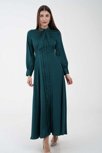 Nichii Women's Long Maxi Dress with Flared Hem and Bow Neck, Long Sleeves