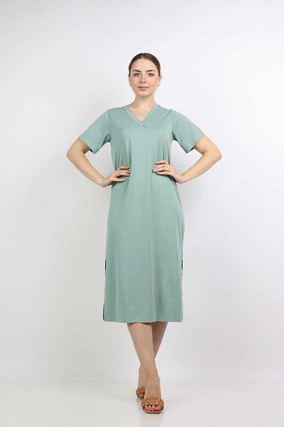 Nichii Women's Solid Midi Dress with Side Slits and V-Neck, Short Sleeves
