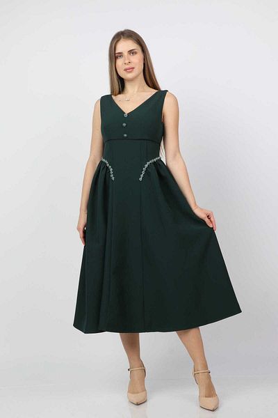 Nichii Embroidered Midi Dress with Front Buttons and No Sleeves