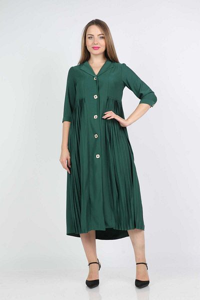 Nichii Short Sleeve Buttoned Pleated Midi Polyester Dress