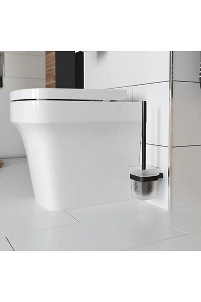 LUXXO Suport metalic negru mat cu perie de toaletă și vas de sticlă mată