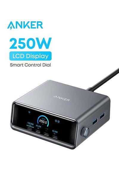 Anker شاحن برايم USB C بقوة 250 واط، ومحطة شحن GaN فائقة السرعة بستة منافذ، وشاشة LCD مقاس 2.26 بوصة، وتقنية Smart