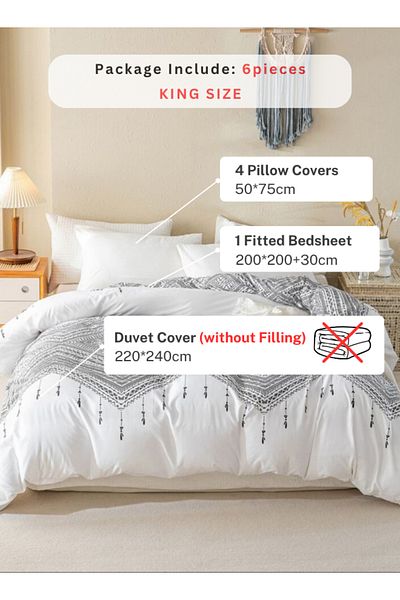 LUNA HOME King size 6 piece boho bedding set in black and white without filling 220x240cm.