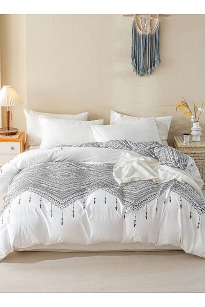 LUNA HOME King size 6 piece boho bedding set in black and white without filling 220x240cm.