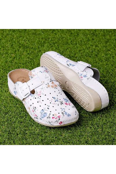 Tellus Women's leather medical clogs 25-09, White with flowers - 39