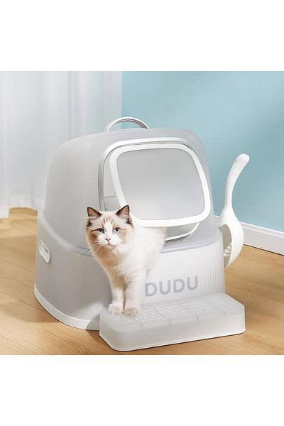 Smart Vibe DuDu® Closed Cat Litter Box, Removable Tray, Folding Ladder, Washable, Large Size, White